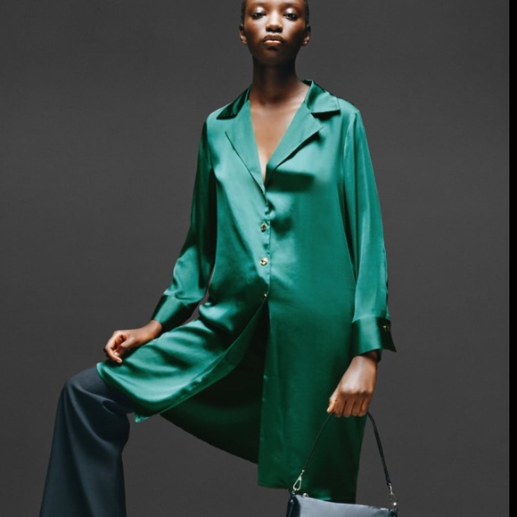 Zara Green Long Satin Effect Blouse 